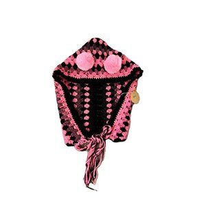 Crocheted Granny Square Rave Hood with Pom Poms Pink Black Handmade
